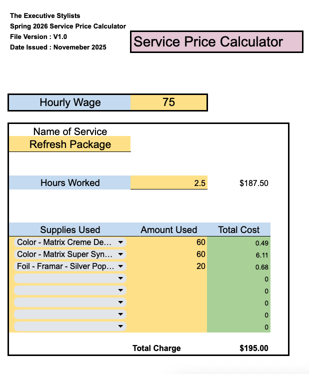Financial spreadsheet for salon owners showing a service price calculation. The sheet includes pre-loaded hair color brands, quantity inputs in grams and ounces, and an automated final price based on a set hourly rate.